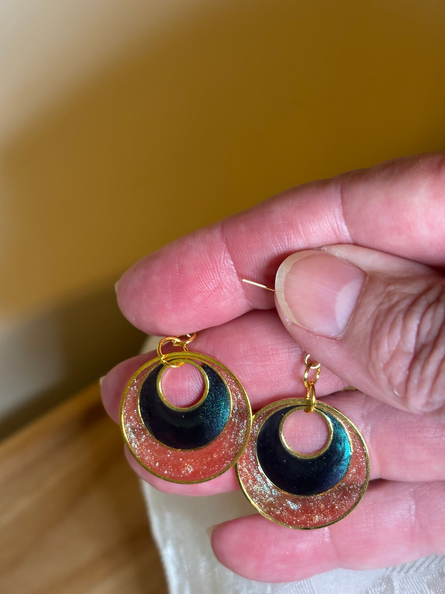 Gold Circle Cat’s Eye Earrings | Handmade Resin Dangle Earrings | Sparkling Statement Jewelry