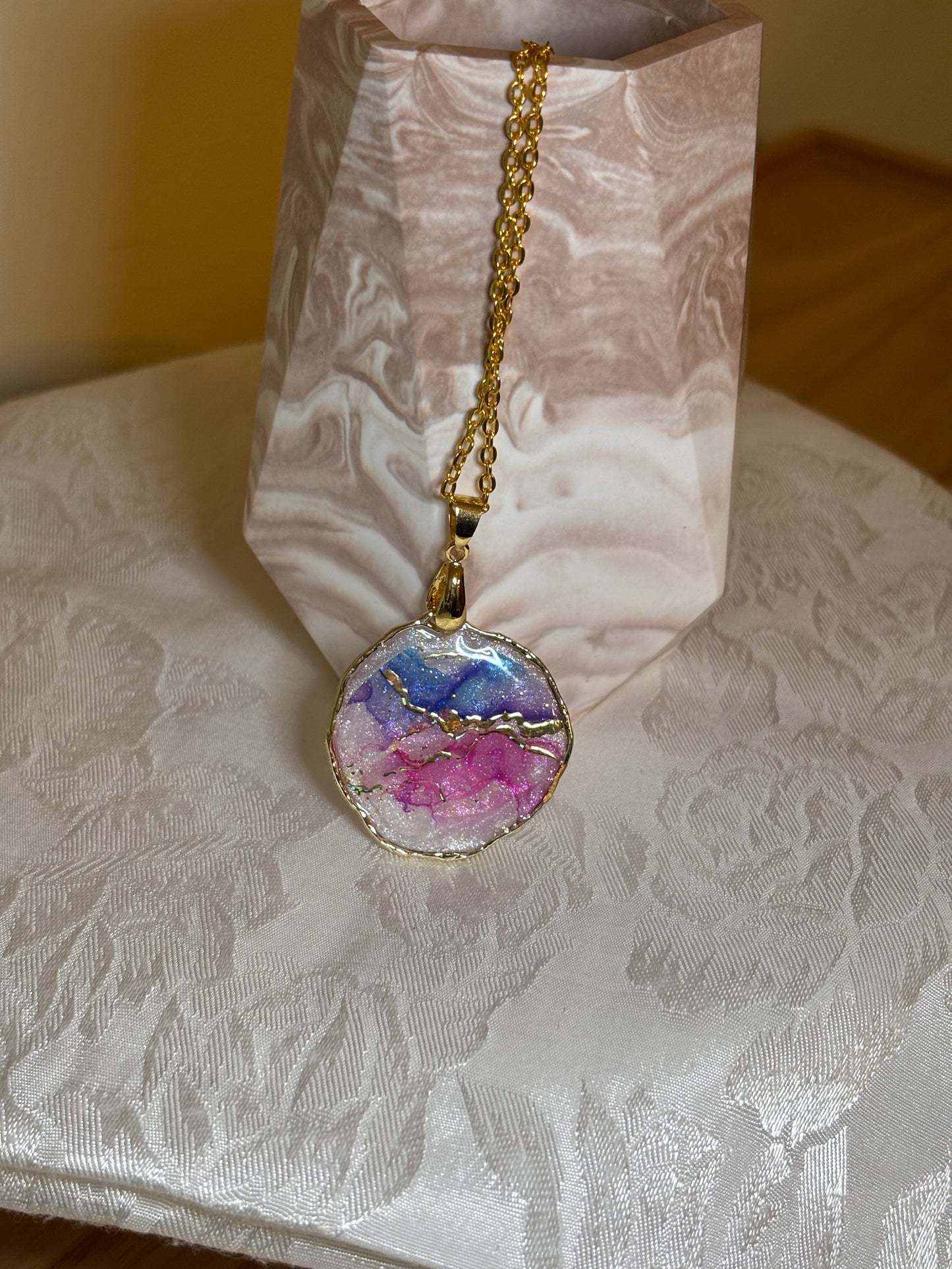 Featured on Facebook – Handmade Resin Geode Necklace | Pink & Blue Shimmer Pendant | Gold-Tone Statement Necklace