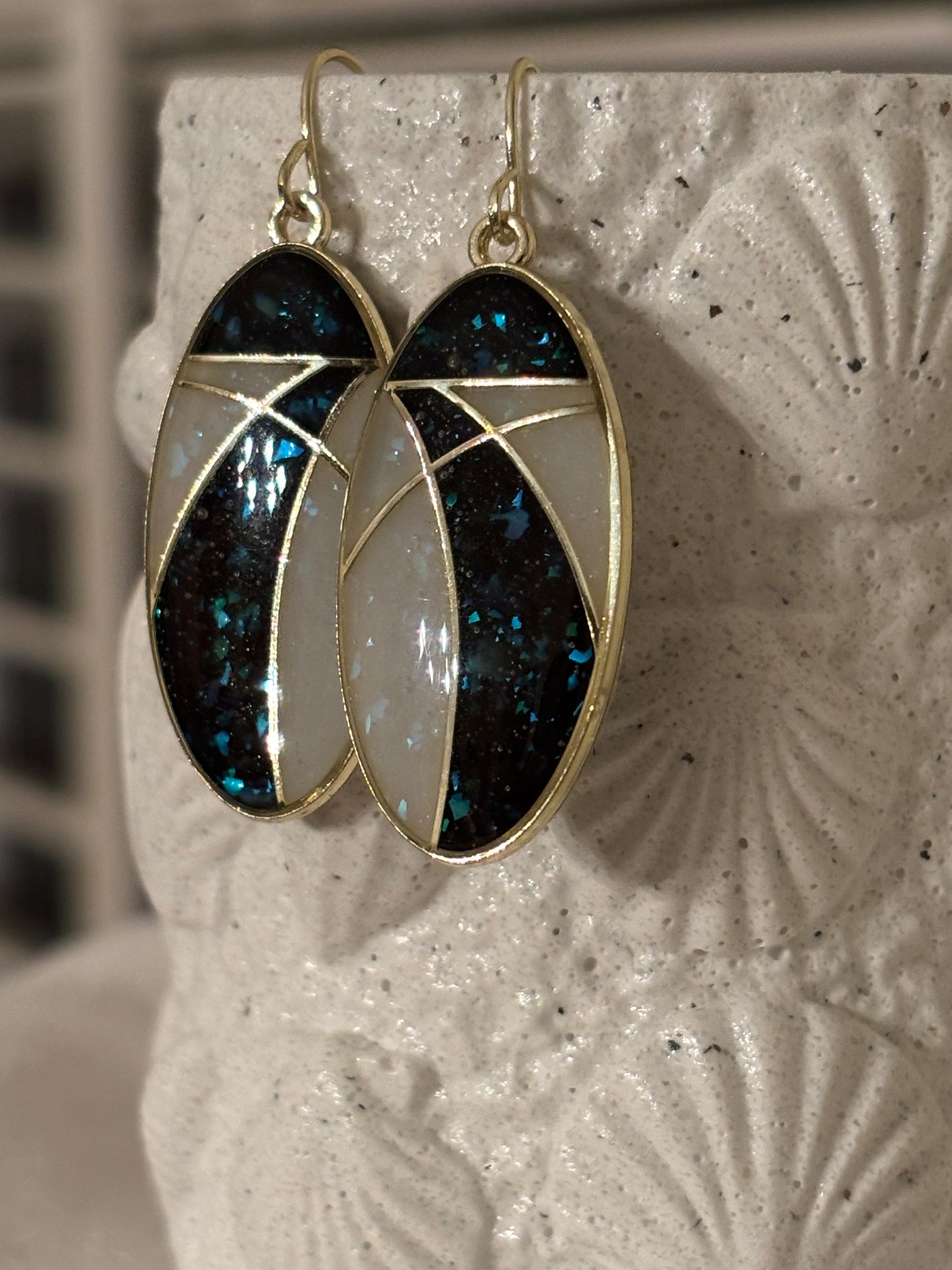 Black, Teal & Pearl Resin Earrings – Art Deco Gold Dangles