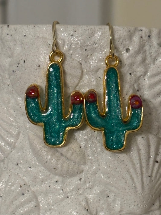 Turquoise/Green Cactus Resin Earrings – Gold Southwest Dangle Earrings