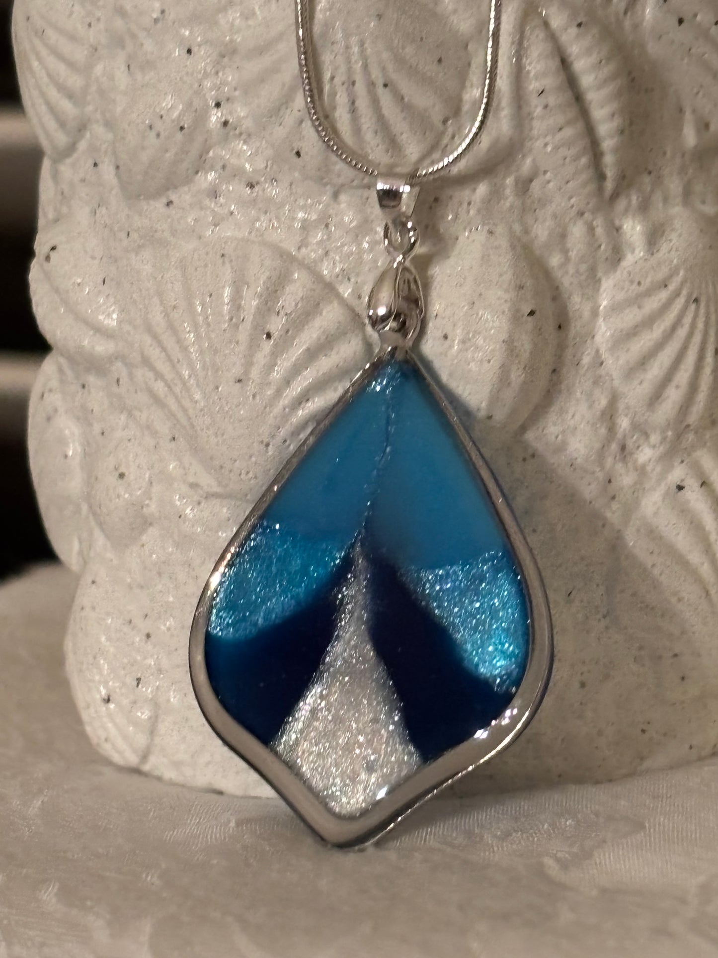 Ocean Wave Resin Pendant Necklace – Teal, Navy & Silver