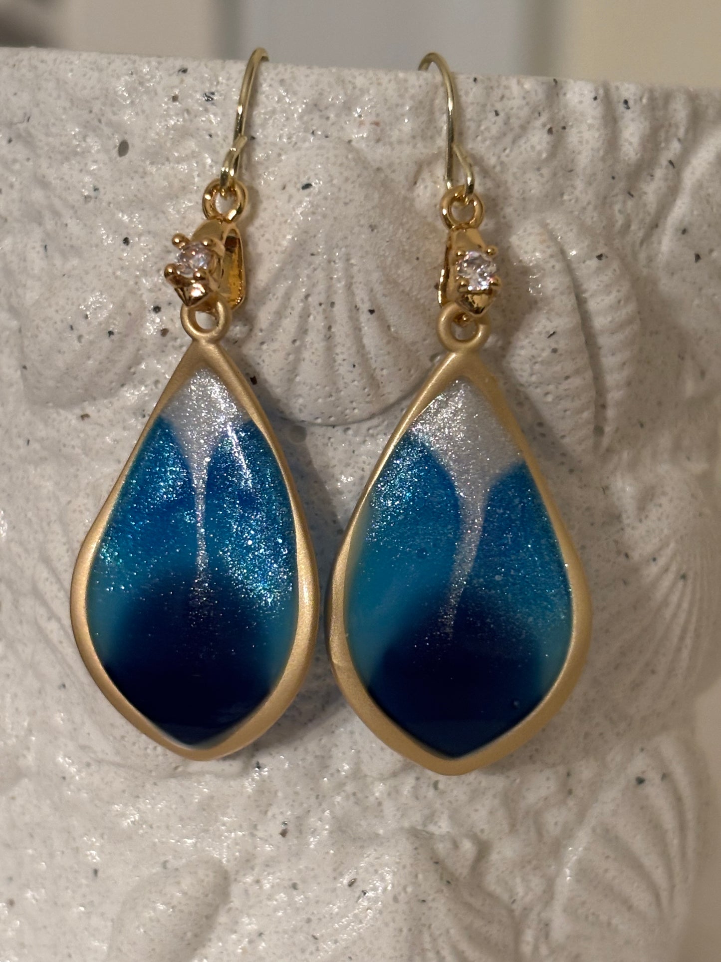 Ocean Blue Ombré Teardrop Earrings – Gold & Shimmer Resin Dangles