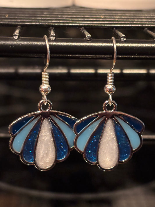 Ocean Blue & Pearlescent White Seashell Resin Earrings | Handmade Coastal Jewelry