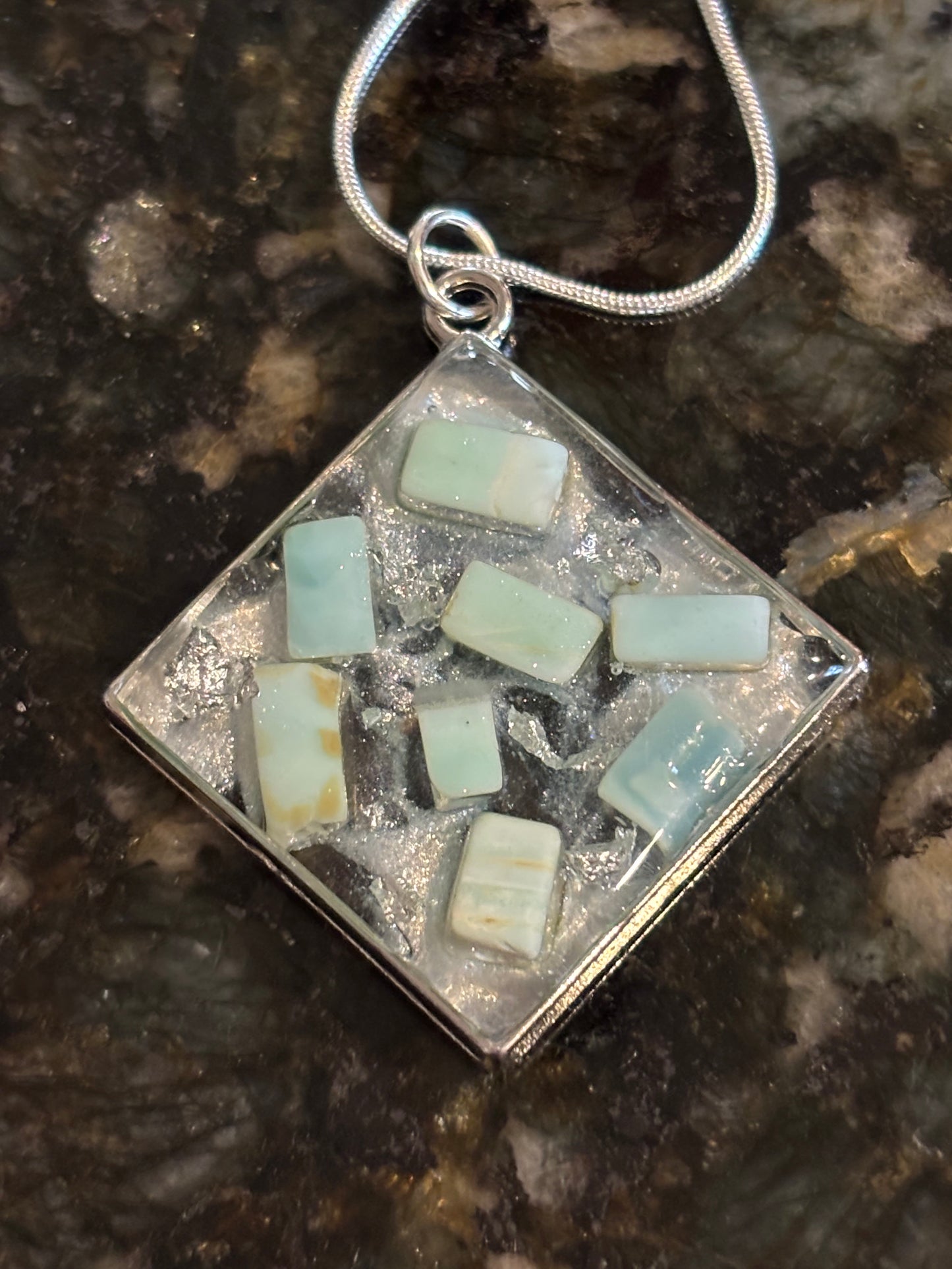 Blue Opal Resin Necklace, Silver Flake Pendant on Snake Chain, Handmade Gemstone Jewelry, Modern Statement Necklace