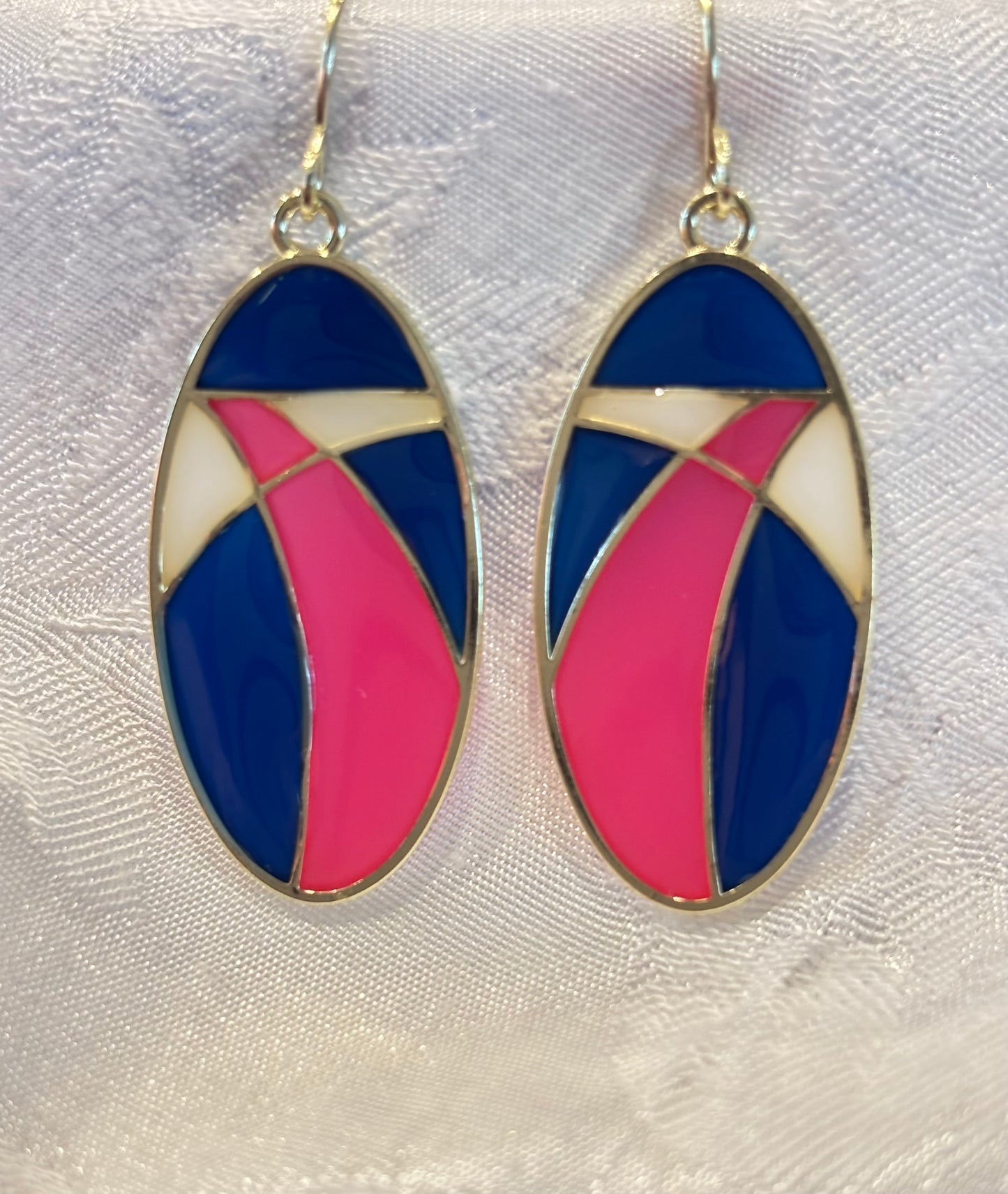 Retro Color Block Oval Dangle Earrings, Red White Blue Geometric Earrings, Art Deco Inspired Statement Jewelry, Bold Modern Earrings