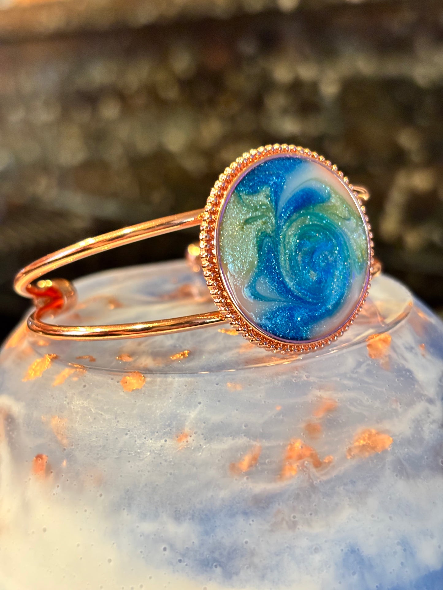 Blue Swirl Resin Cuff Bracelet, Ocean Inspired Bangle, Galaxy Style Jewelry, Teal Shimmer Bracelet, Statement Cuff Gift for Her