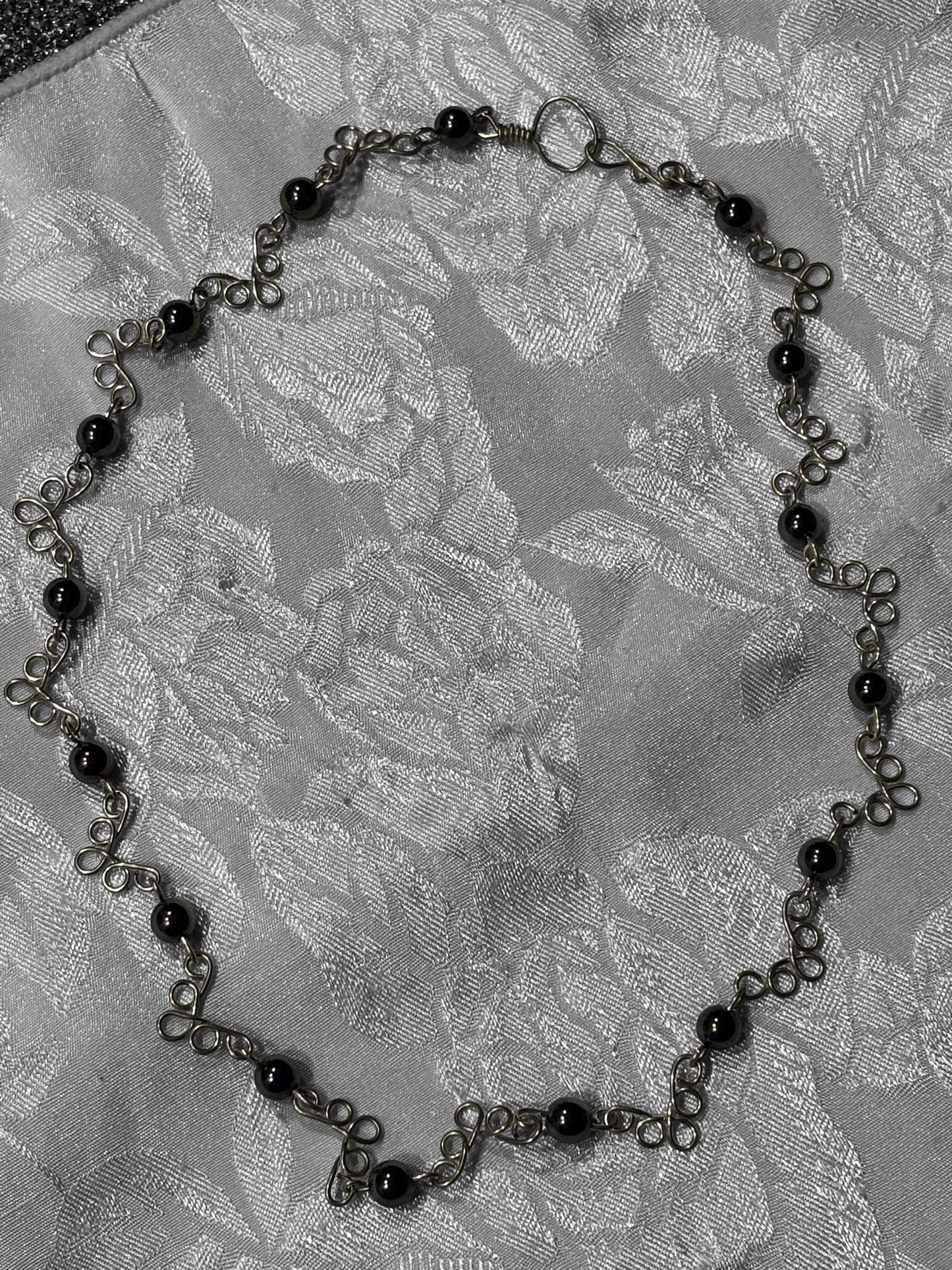 Hand Wired Hematite Necklace, 16 Inch Black Stone Necklace with Silver Wire Loops, Minimalist Artisan Jewelry