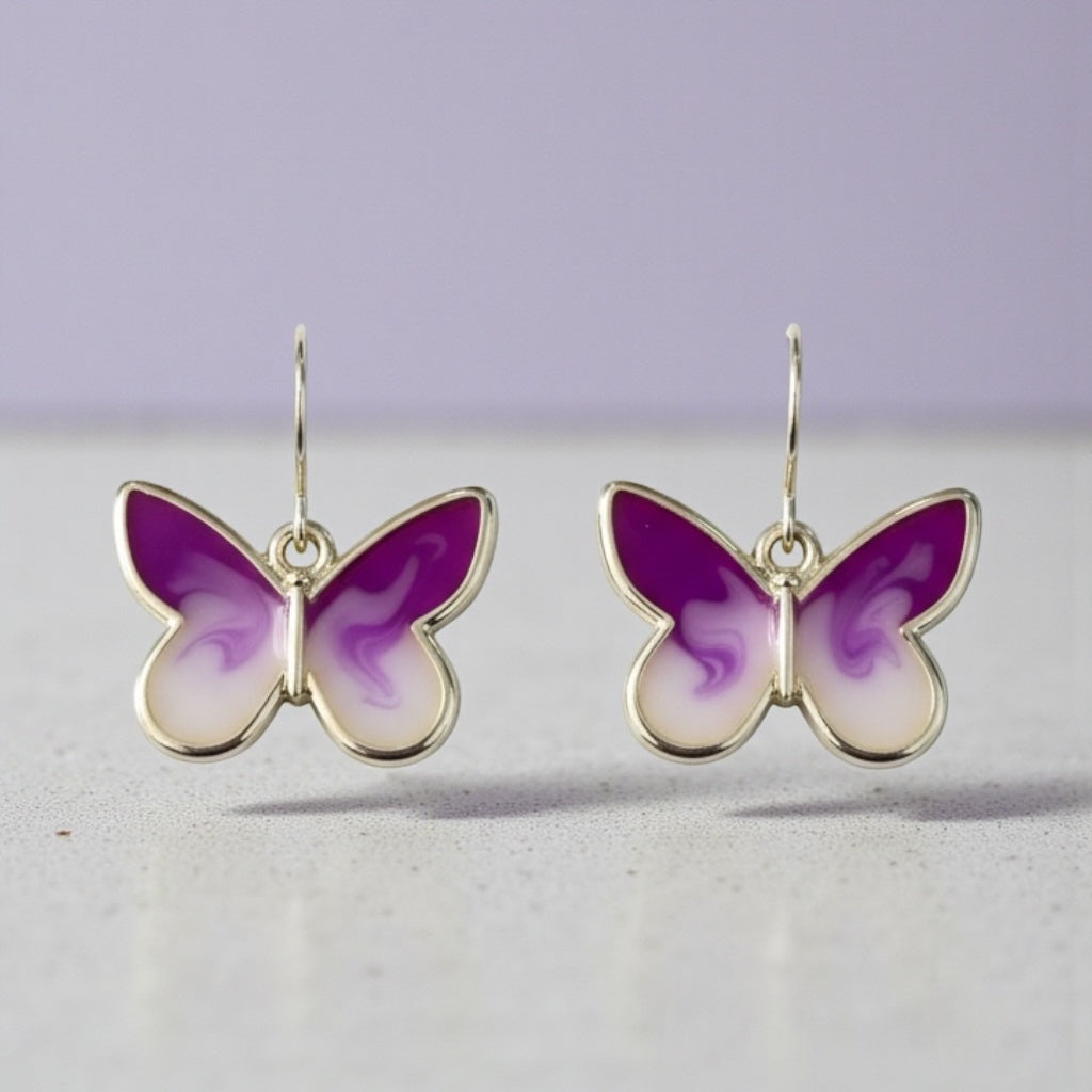 Lavender & Cream Butterfly Earrings – Gold Framed Swirl Resin Dangles