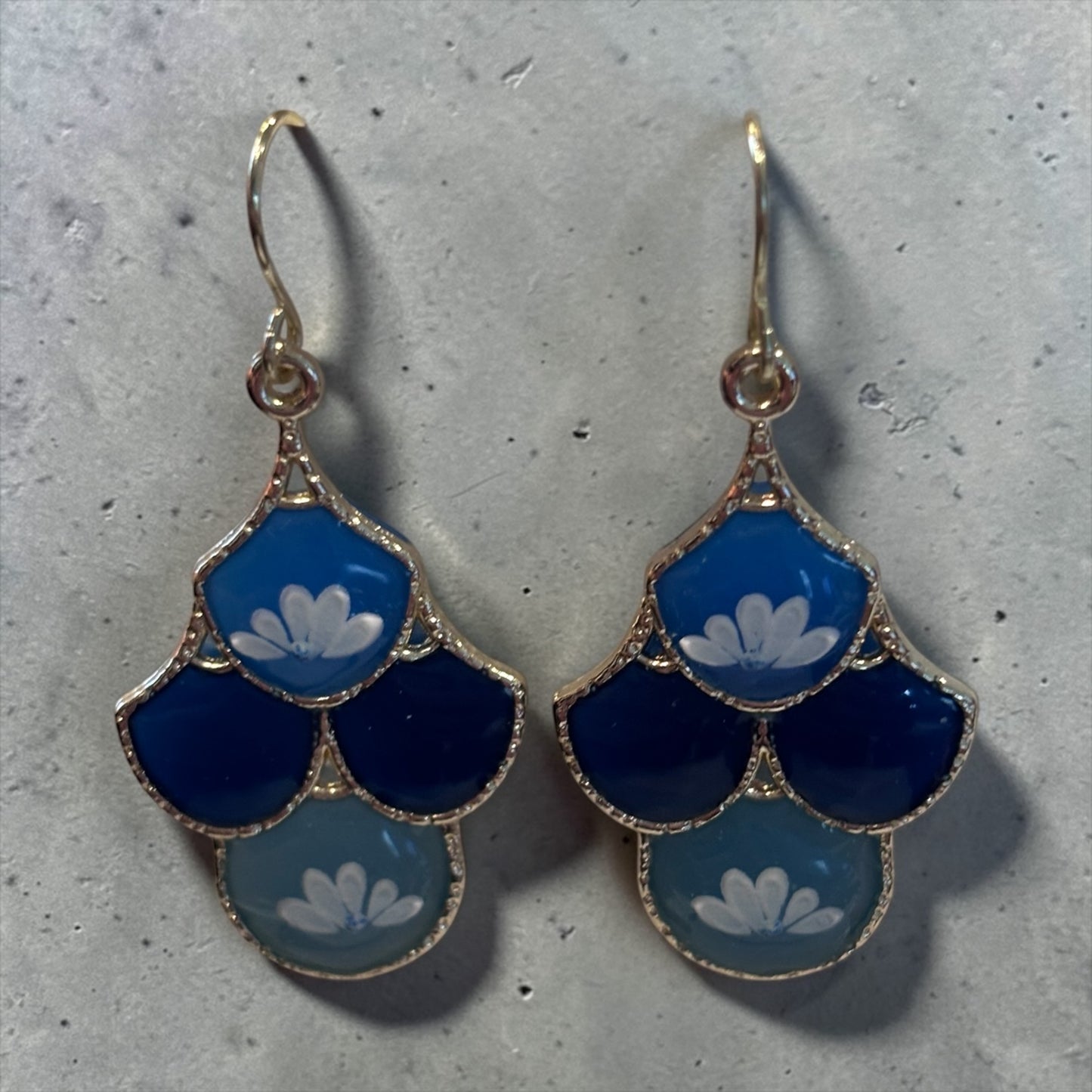 Blue Floral Dangle Earrings | Porcelain Style Resin Flower Earrings | Vintage Inspired Blue and White Jewelry | Lightweight Gold Tone Statement Earrings