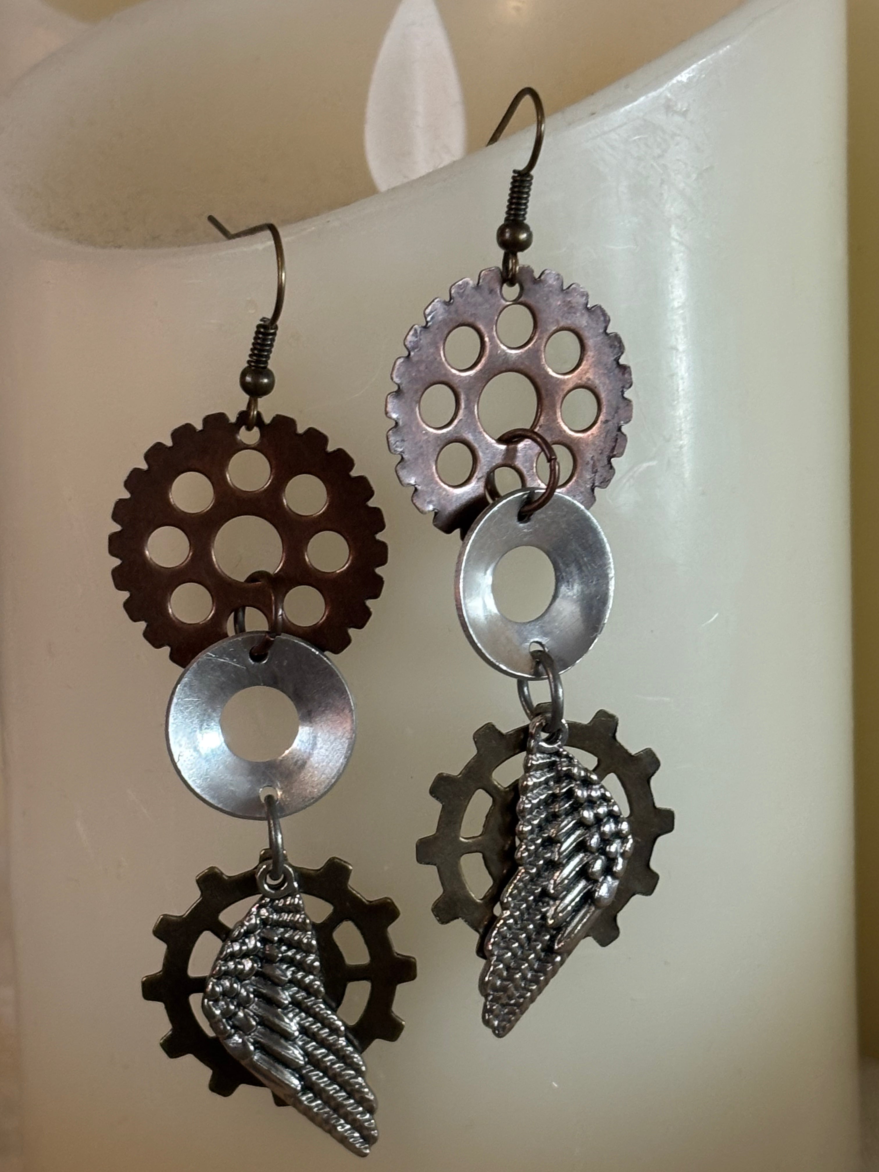 Steampunk Gear Dangle Earrings – Victorian Industrial Mixed Metal Jewelry