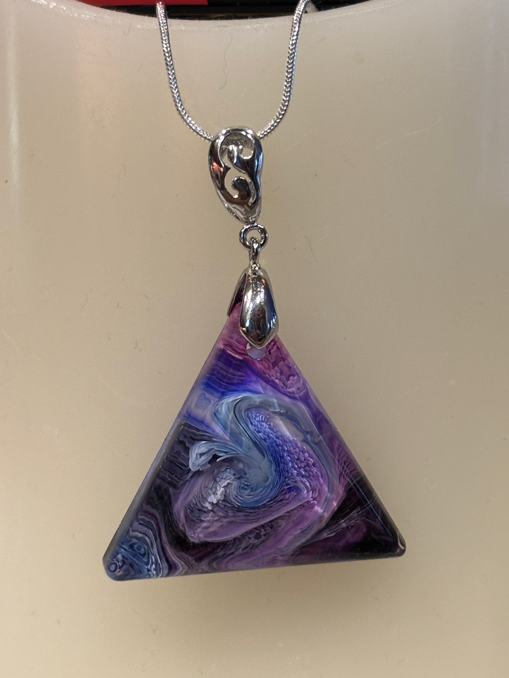 Triangular Petri-Effect Resin Pendant – Abstract Swirl Galaxy Art Necklace