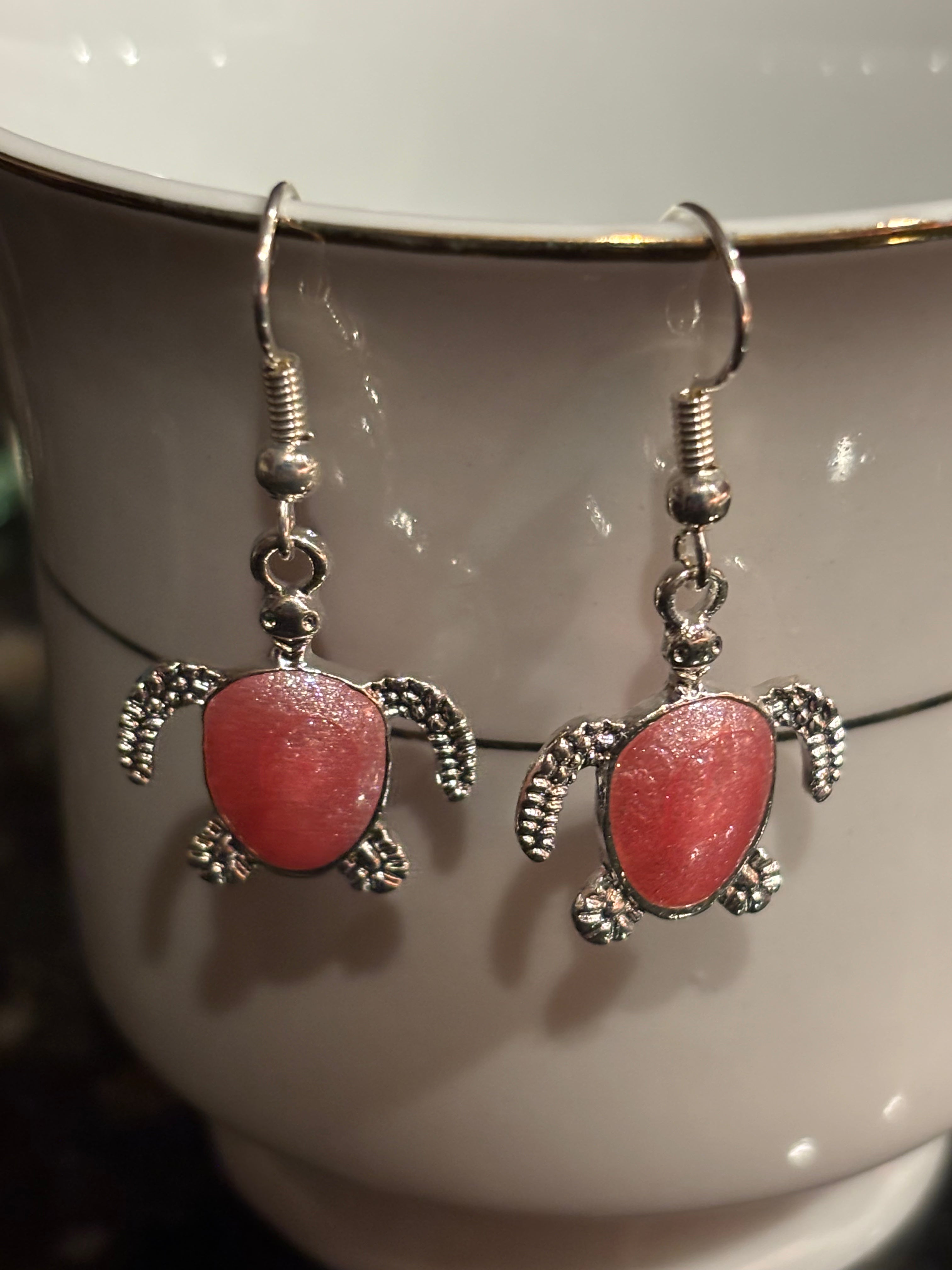 Sea Turtle Dangle Earrings – Resin-Filled Silver Ocean Jewelry (Multiple Colors)