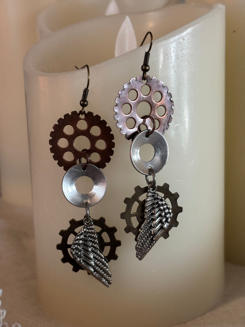Steampunk Gear Dangle Earrings – Victorian Industrial Mixed Metal Jewelry