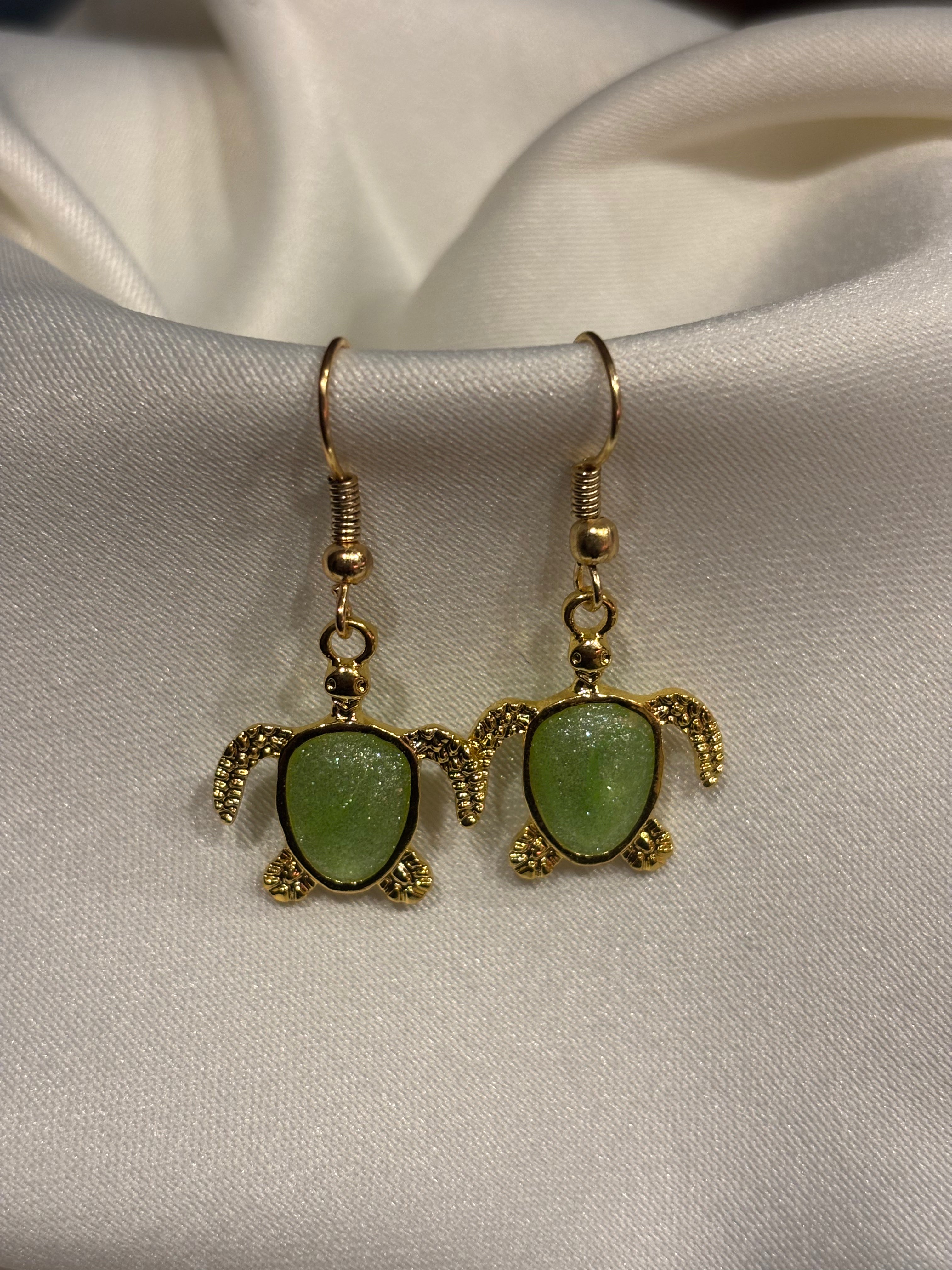 Sea Turtle Dangle Earrings – Resin-Filled Gold Ocean Jewelry (Multiple Colors)