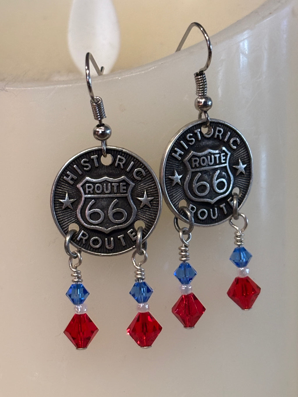 Route 66 Dangle Earrings – Americana Red White Blue Travel Jewelry