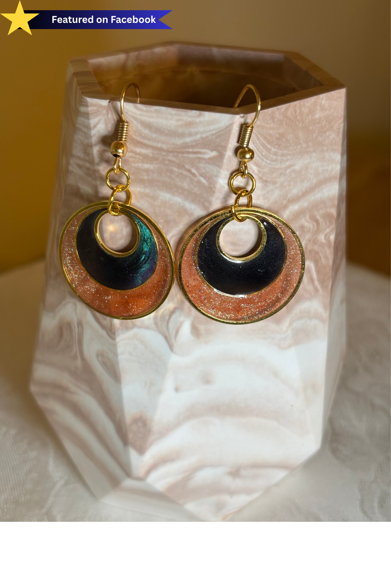 Gold Circle Cat’s Eye Earrings | Handmade Resin Dangle Earrings | Sparkling Statement Jewelry