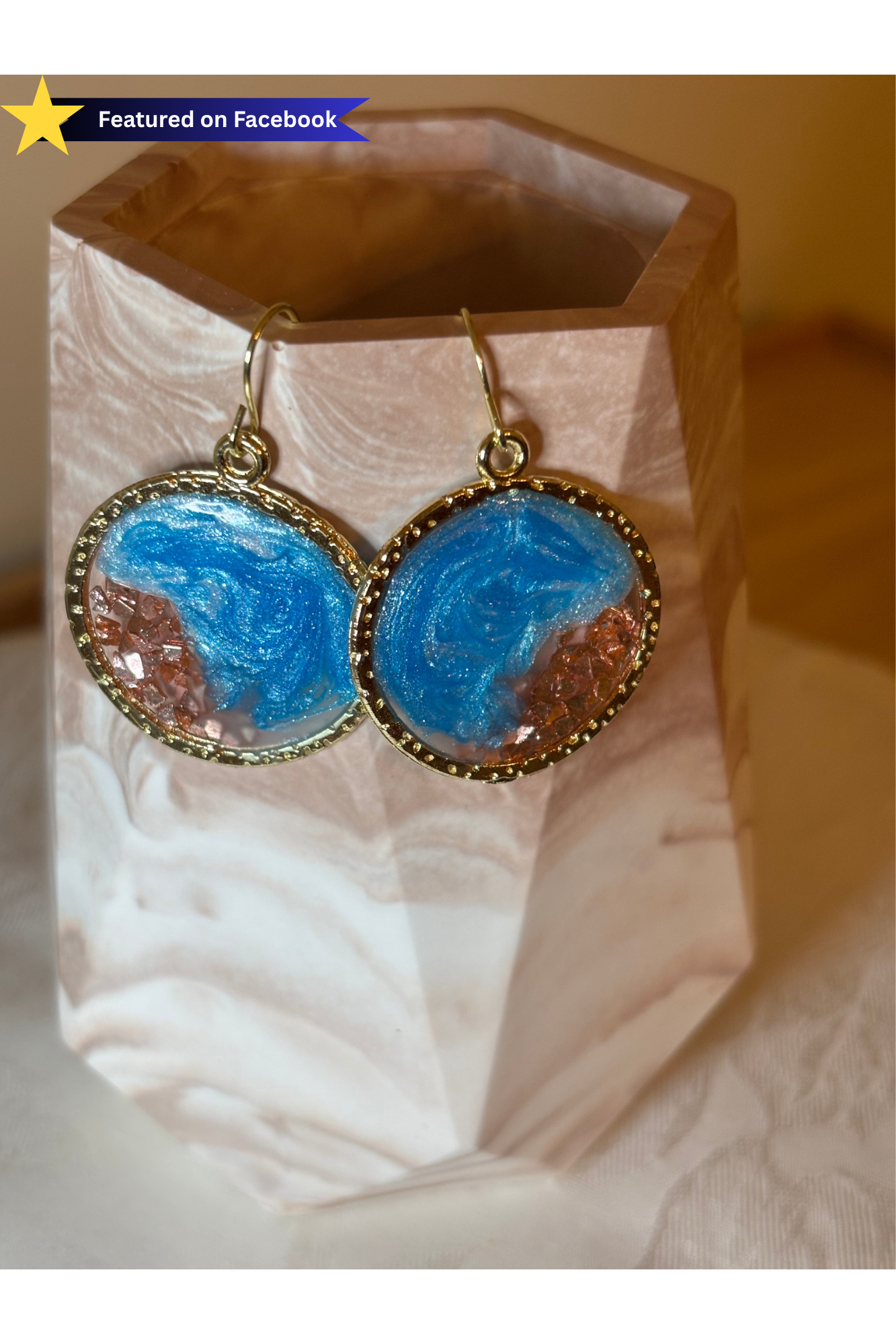 Blue Geode Earrings with Gold Trim | Handmade Resin Dangle Earrings | Coastal Jewelry Gift