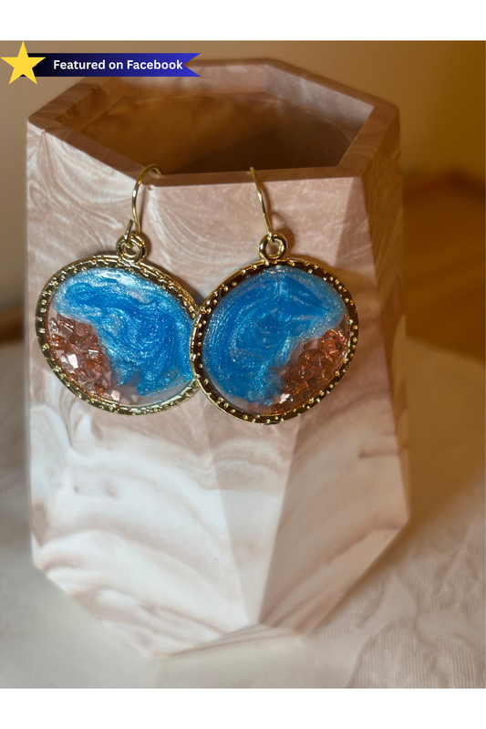 Blue Geode Earrings with Gold Trim | Handmade Resin Dangle Earrings | Coastal Jewelry Gift
