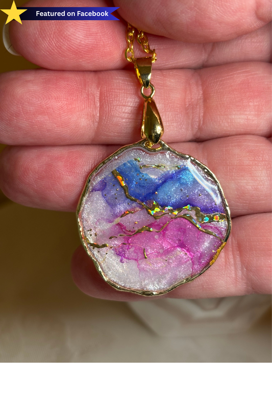 Featured on Facebook – Handmade Resin Geode Necklace | Pink & Blue Shimmer Pendant | Gold-Tone Statement Necklace