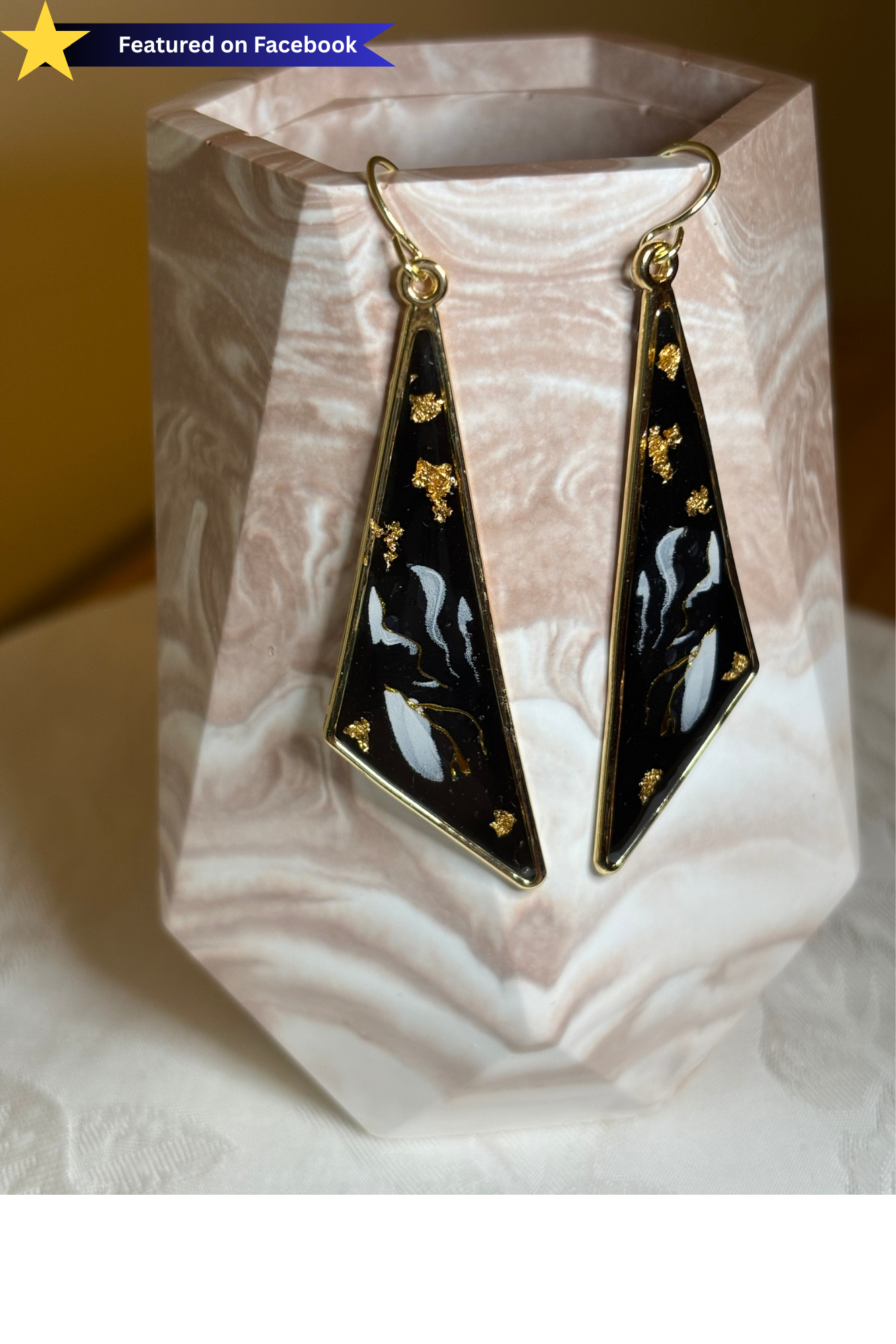 Featured on Facebook – Black & Gold Resin Statement Earrings | Geometric Dangle Earrings | Handmade Artisan Jewelry