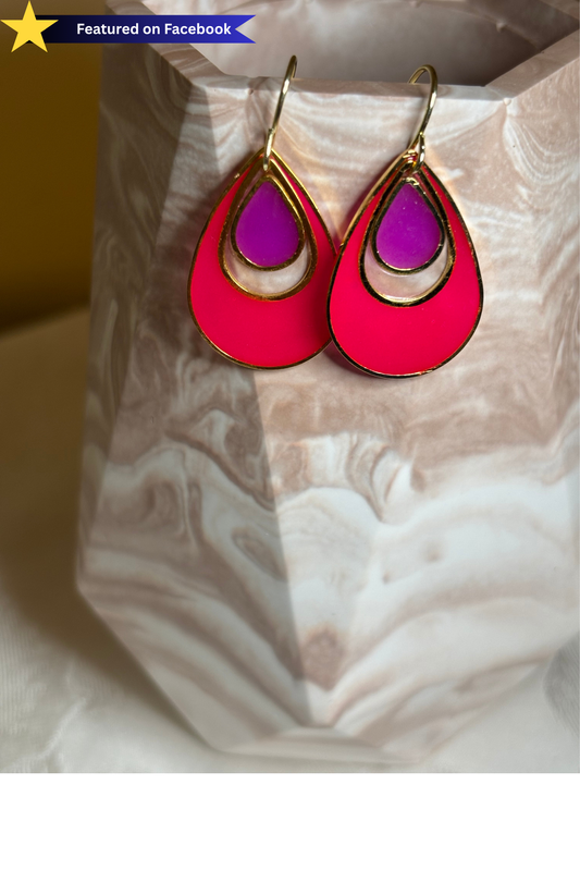 Featured on Facebook – Glow in the Dark Pink Teardrop Earrings | Neon Statement Earrings | Gold Tone Dangle Earrings