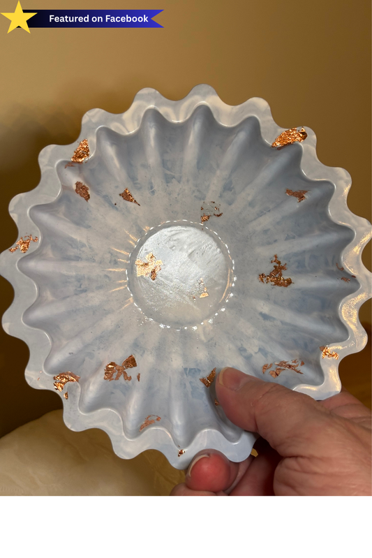 Featured on Facebook Pearl White, Blue & Copper Fluted Eco Resin Bowl | Handmade Decorative Catchall Dish