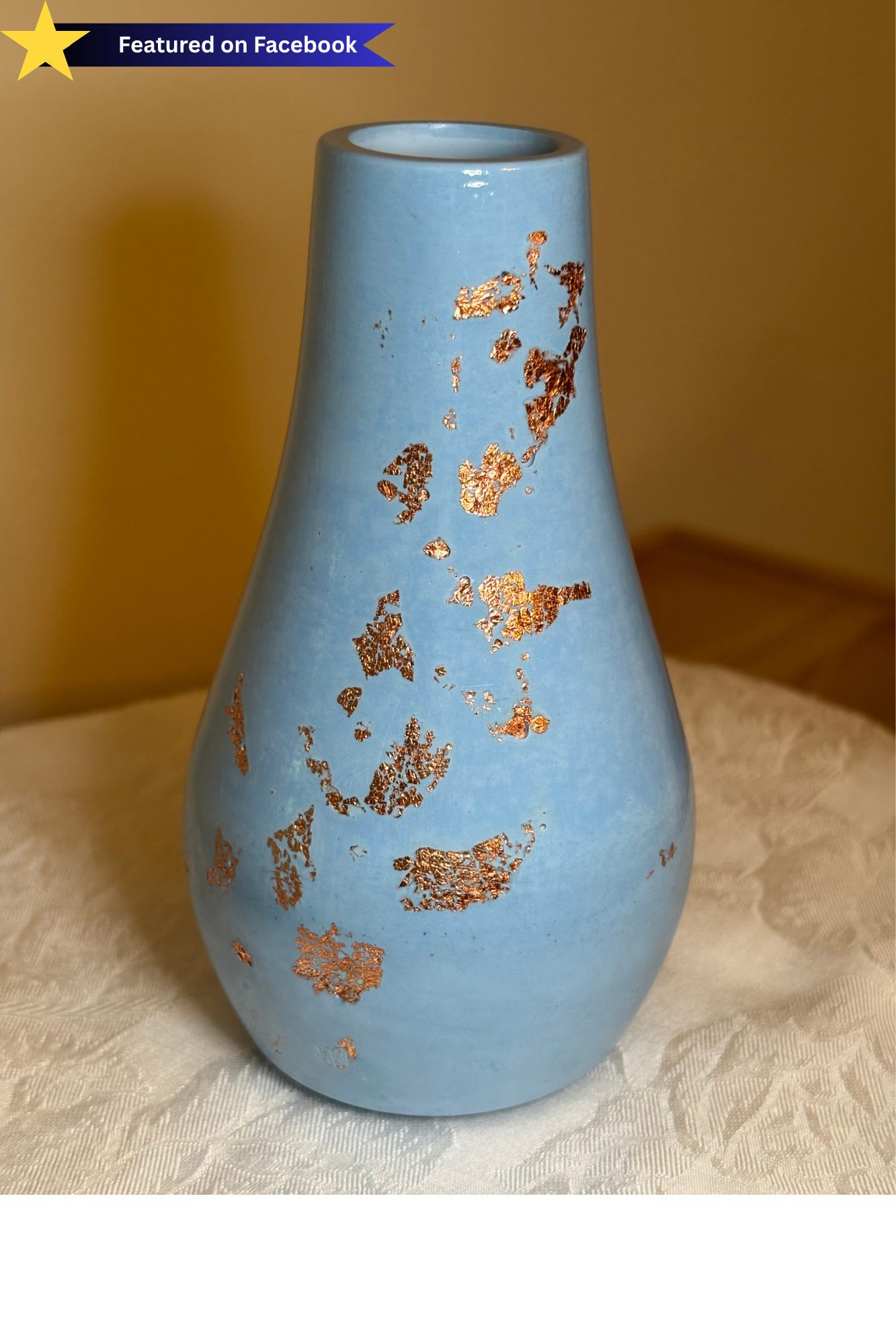 Handmade Blue Bud Vase with Copper Leaf Details