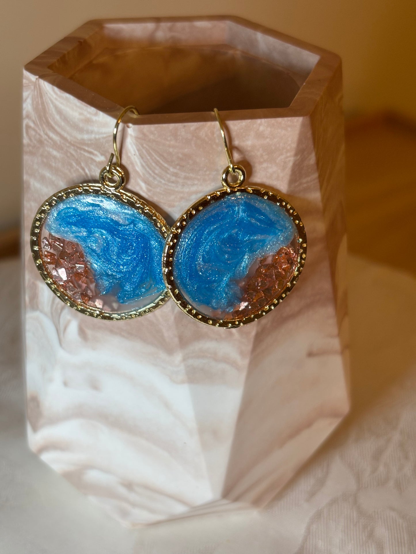 Blue Geode Earrings with Gold Trim | Handmade Resin Dangle Earrings | Coastal Jewelry Gift