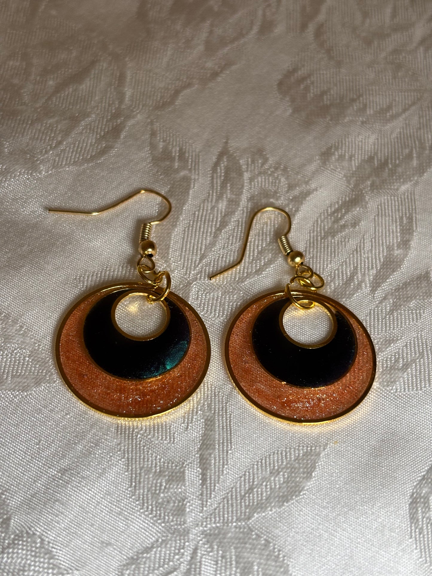 Gold Circle Cat’s Eye Earrings | Handmade Resin Dangle Earrings | Sparkling Statement Jewelry