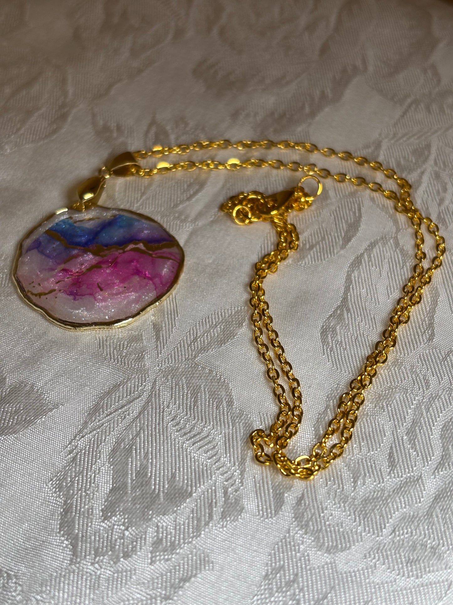 Featured on Facebook – Handmade Resin Geode Necklace | Pink & Blue Shimmer Pendant | Gold-Tone Statement Necklace