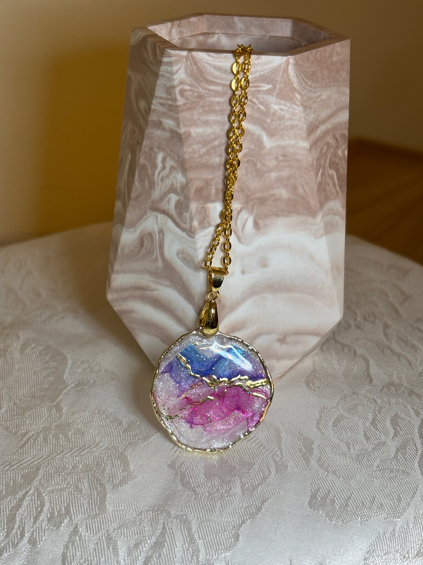 Featured on Facebook – Handmade Resin Geode Necklace | Pink & Blue Shimmer Pendant | Gold-Tone Statement Necklace
