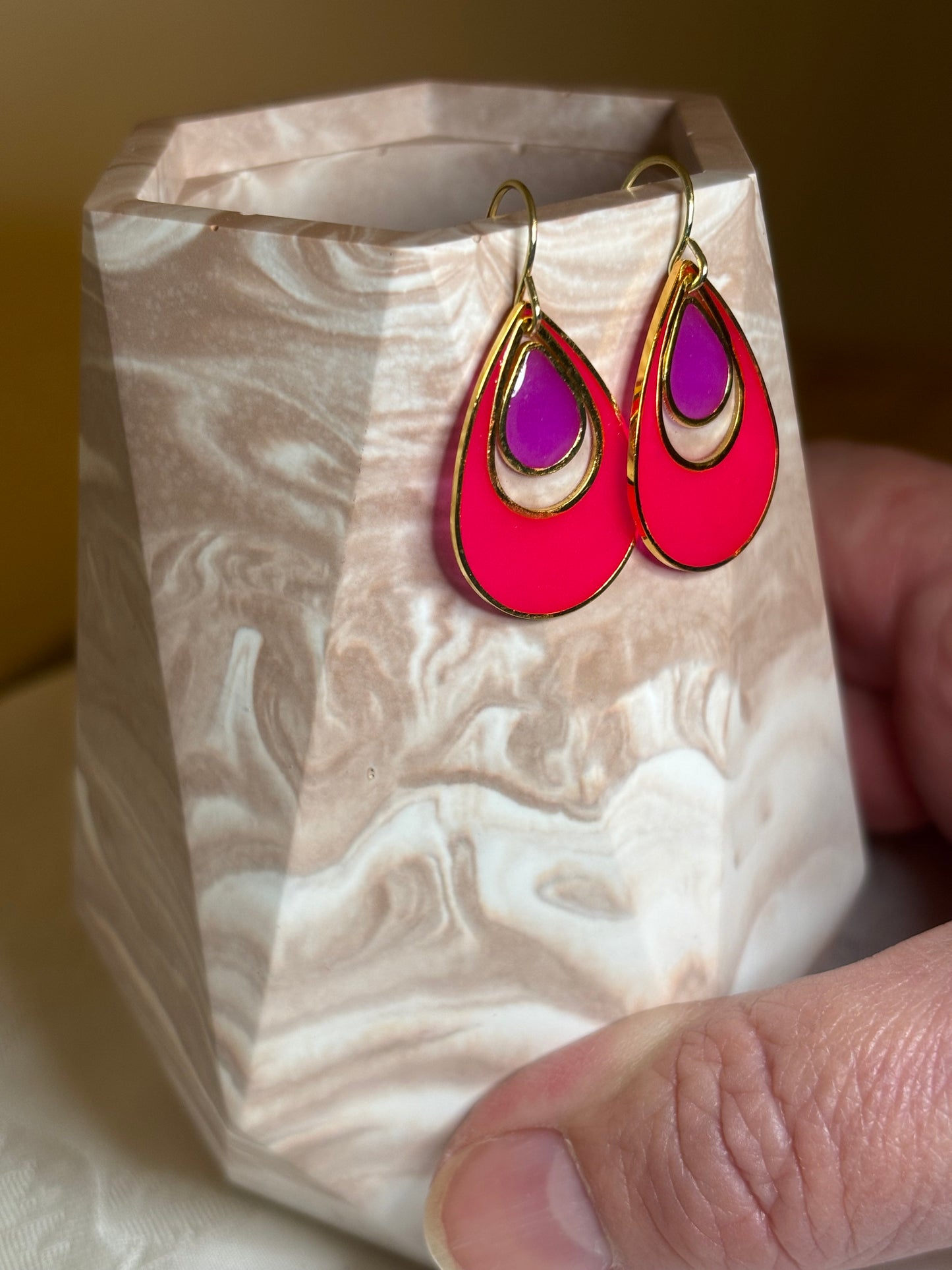 Featured on Facebook – Glow in the Dark Pink Teardrop Earrings | Neon Statement Earrings | Gold Tone Dangle Earrings