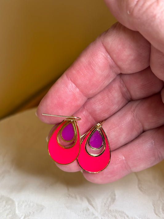 Featured on Facebook – Glow in the Dark Pink Teardrop Earrings | Neon Statement Earrings | Gold Tone Dangle Earrings