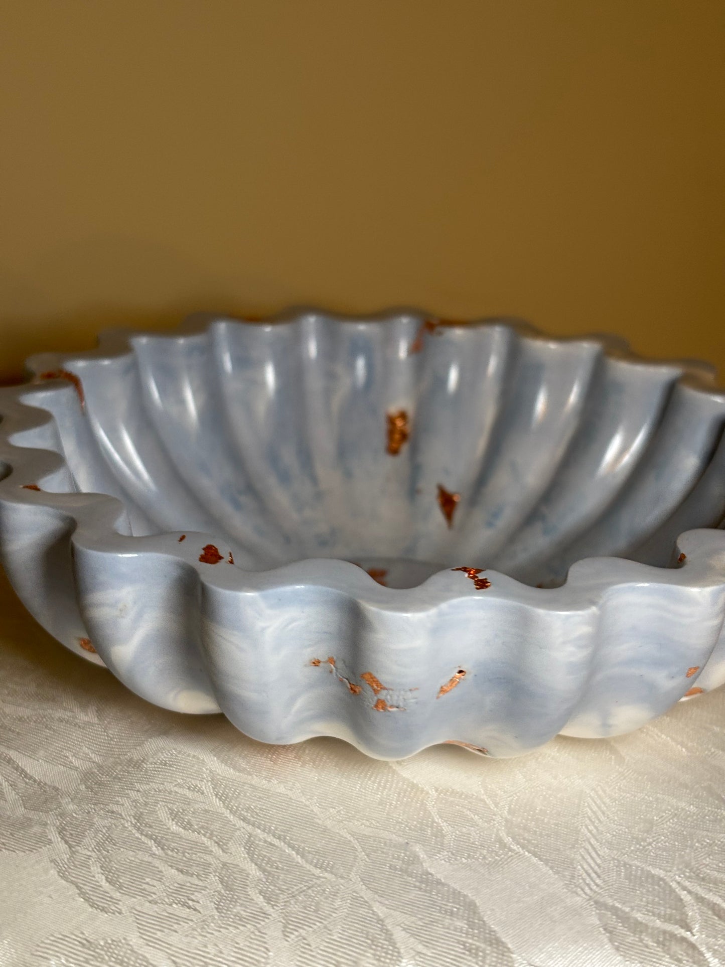 Featured on Facebook Pearl White, Blue & Copper Fluted Eco Resin Bowl | Handmade Decorative Catchall Dish