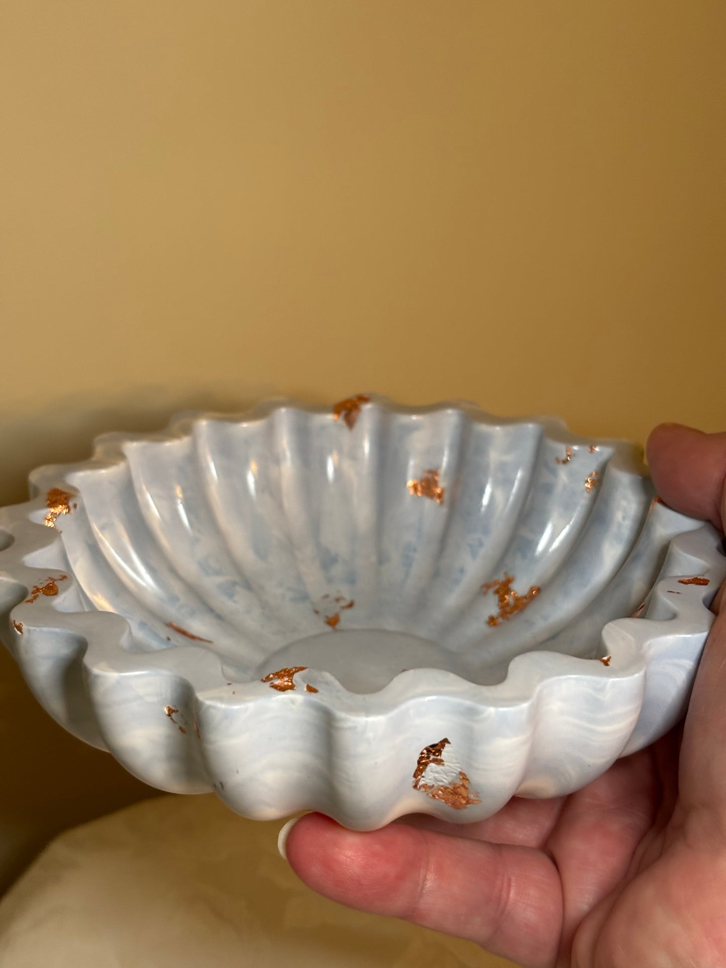 Featured on Facebook Pearl White, Blue & Copper Fluted Eco Resin Bowl | Handmade Decorative Catchall Dish
