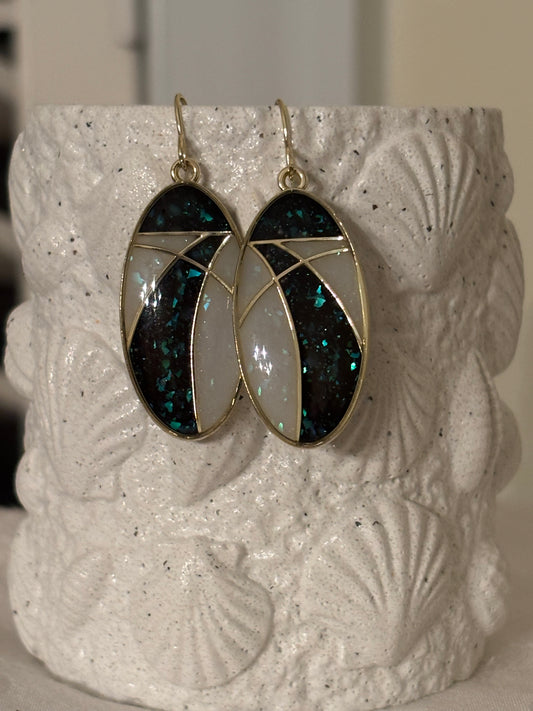 Black, Teal & Pearl Resin Earrings – Art Deco Gold Dangles