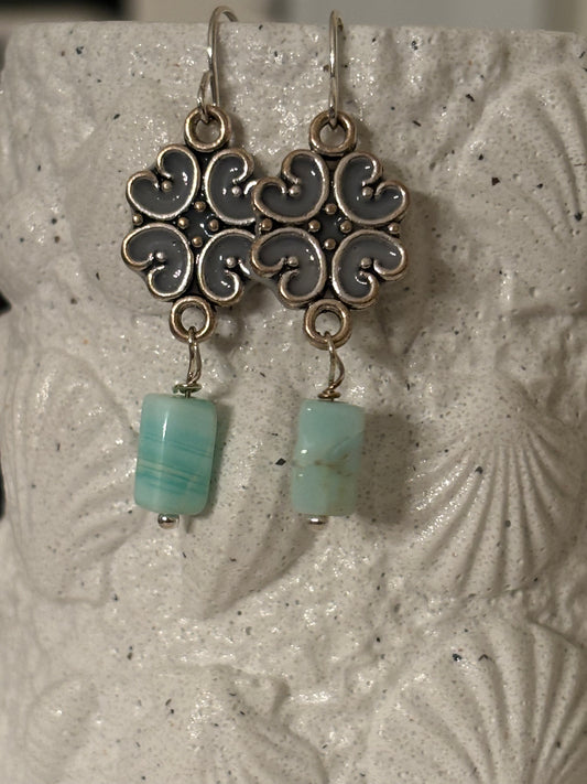 Aqua & Silver Artisan Dangle Earrings – Boho Scroll Earrings