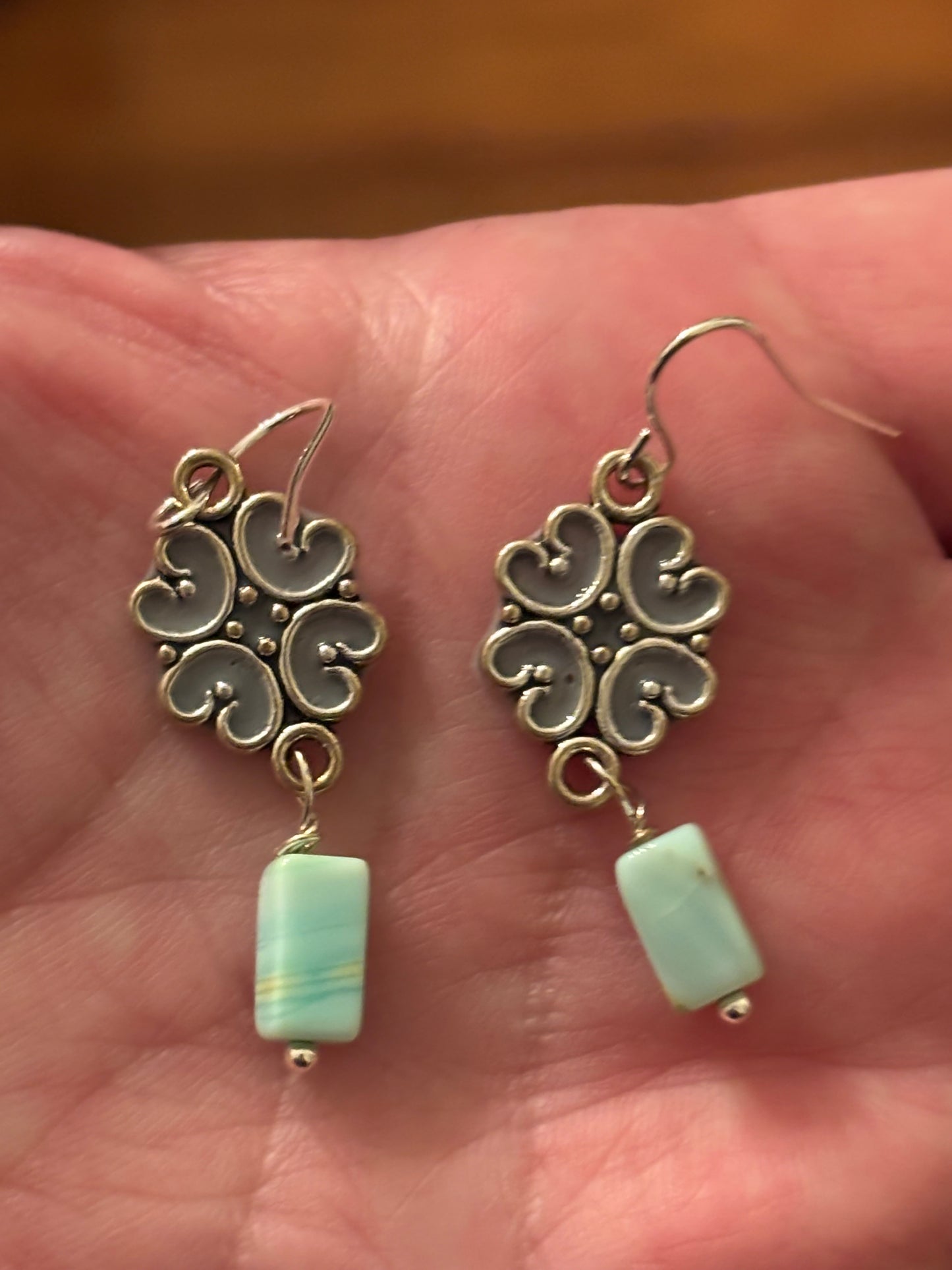 Aqua & Silver Artisan Dangle Earrings – Boho Scroll Earrings