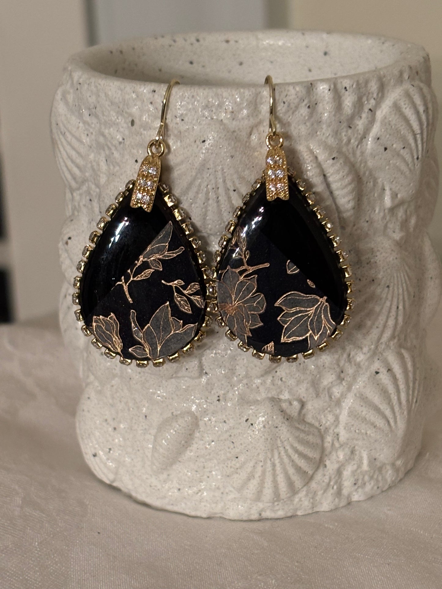 Black & Gold Botanical Teardrop Earrings – Crystal Statement Earrings