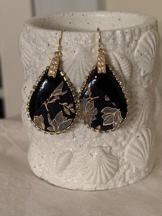 Black & Gold Botanical Teardrop Earrings – Crystal Statement Earrings
