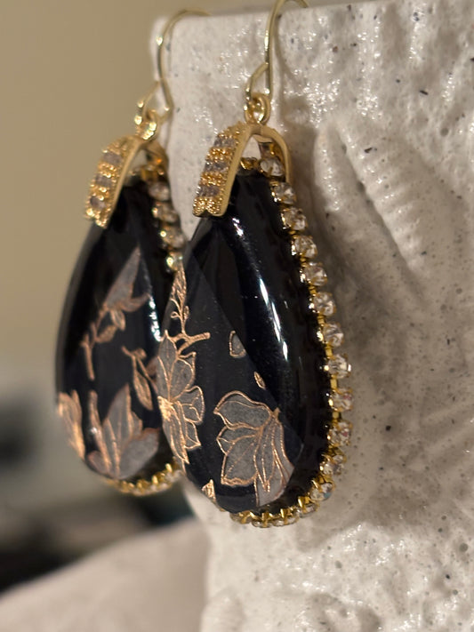 Black & Gold Botanical Teardrop Earrings – Crystal Statement Earrings