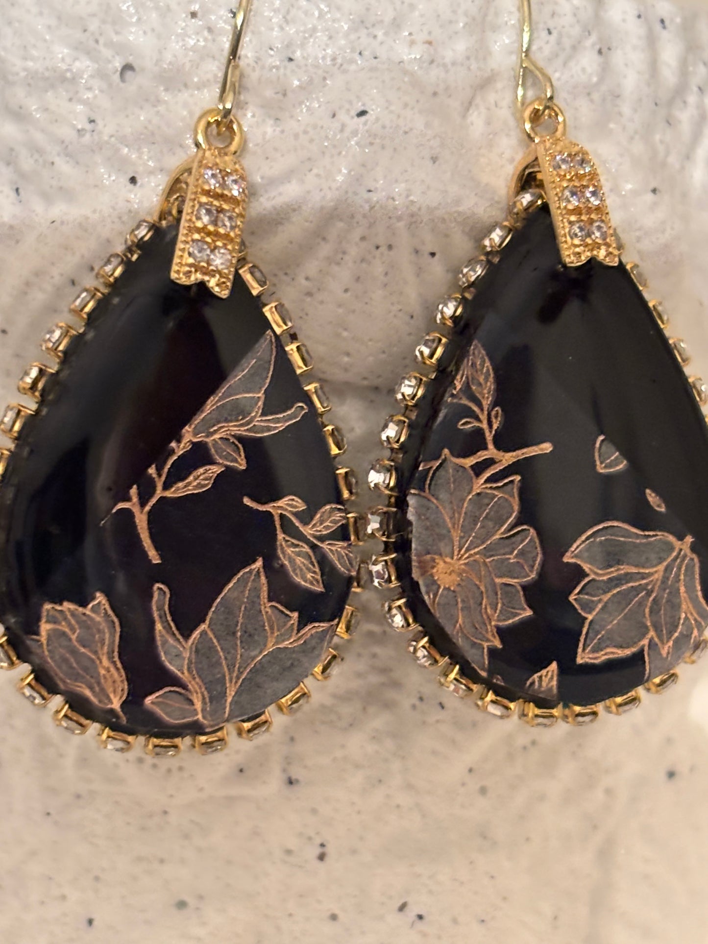 Black & Gold Botanical Teardrop Earrings – Crystal Statement Earrings