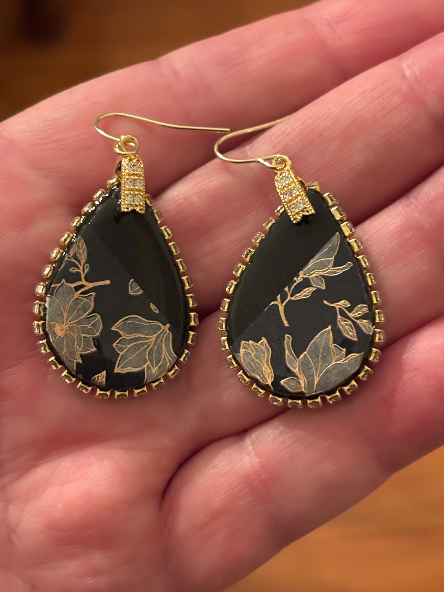 Black & Gold Botanical Teardrop Earrings – Crystal Statement Earrings