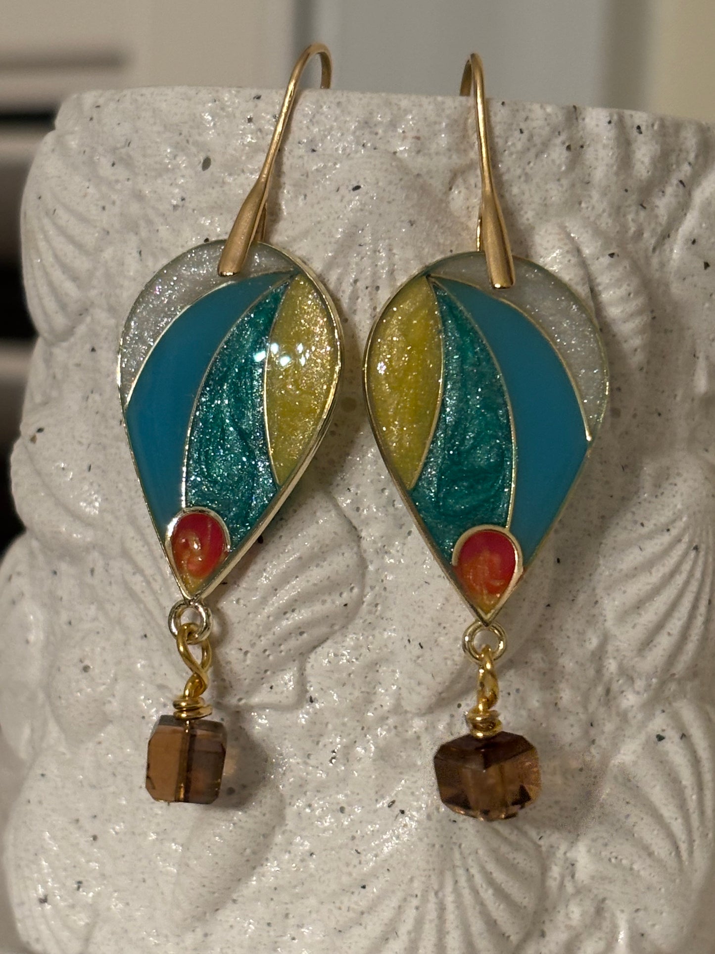 Turquoise & Gold Resin Dangle Earrings – Colorful Retro Statement Earrings
