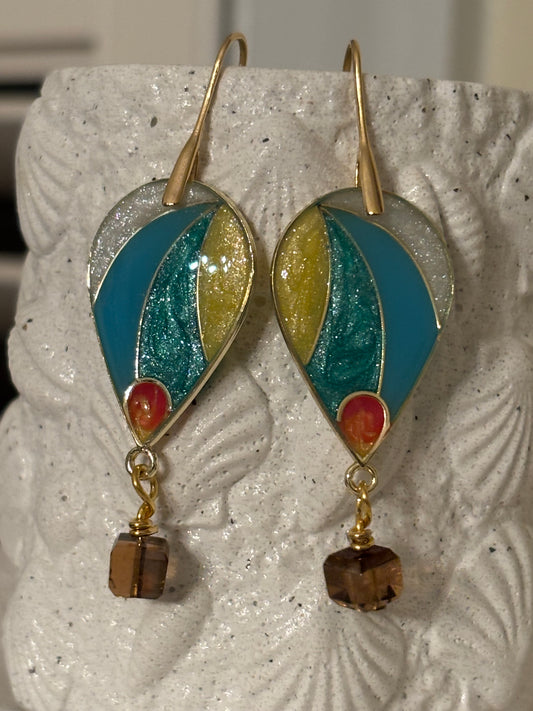 Turquoise & Gold Resin Dangle Earrings – Colorful Retro Statement Earrings