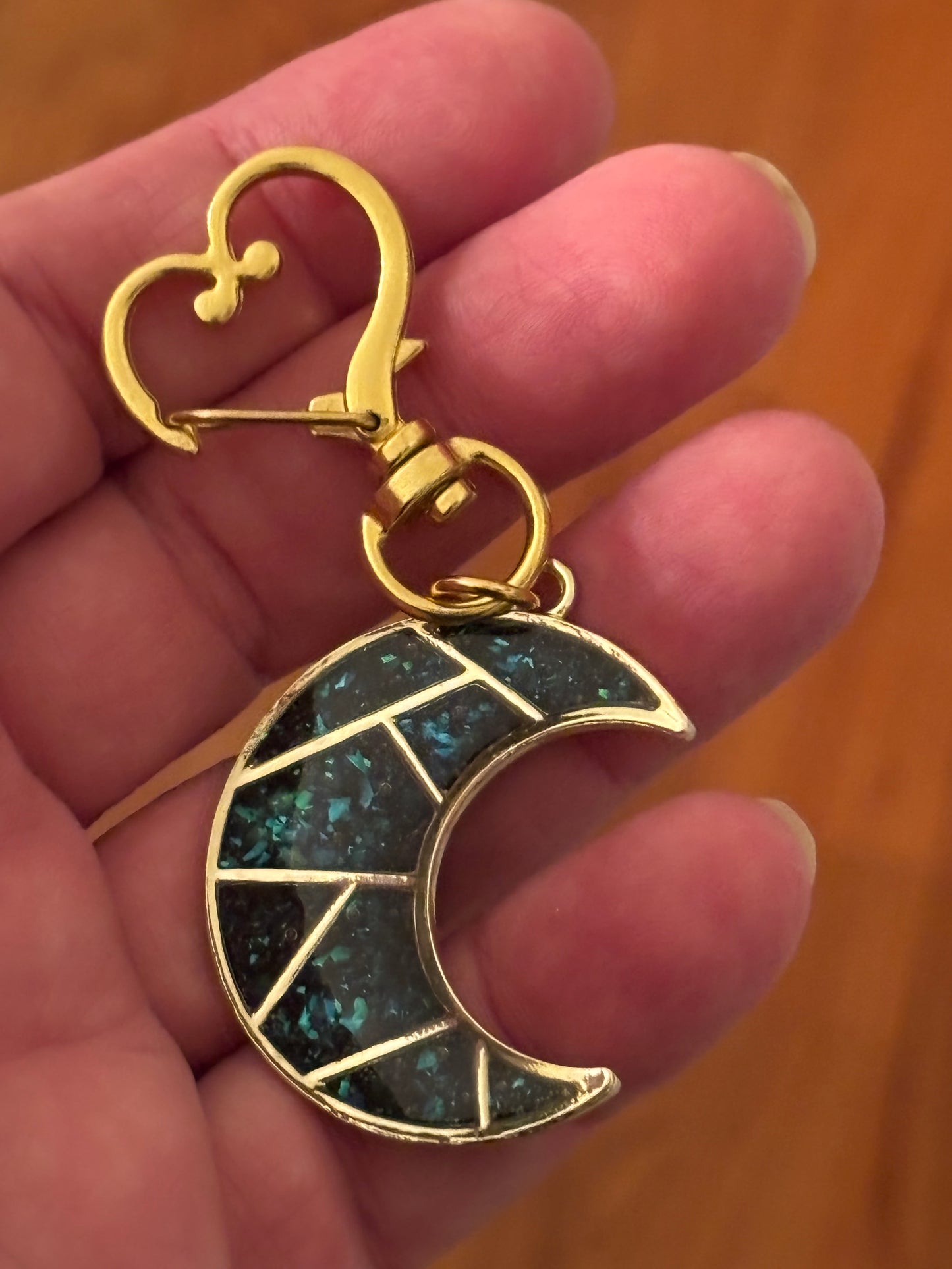 Celestial Crescent Moon Purse Charm – Teal & Gold Resin Bag Charm