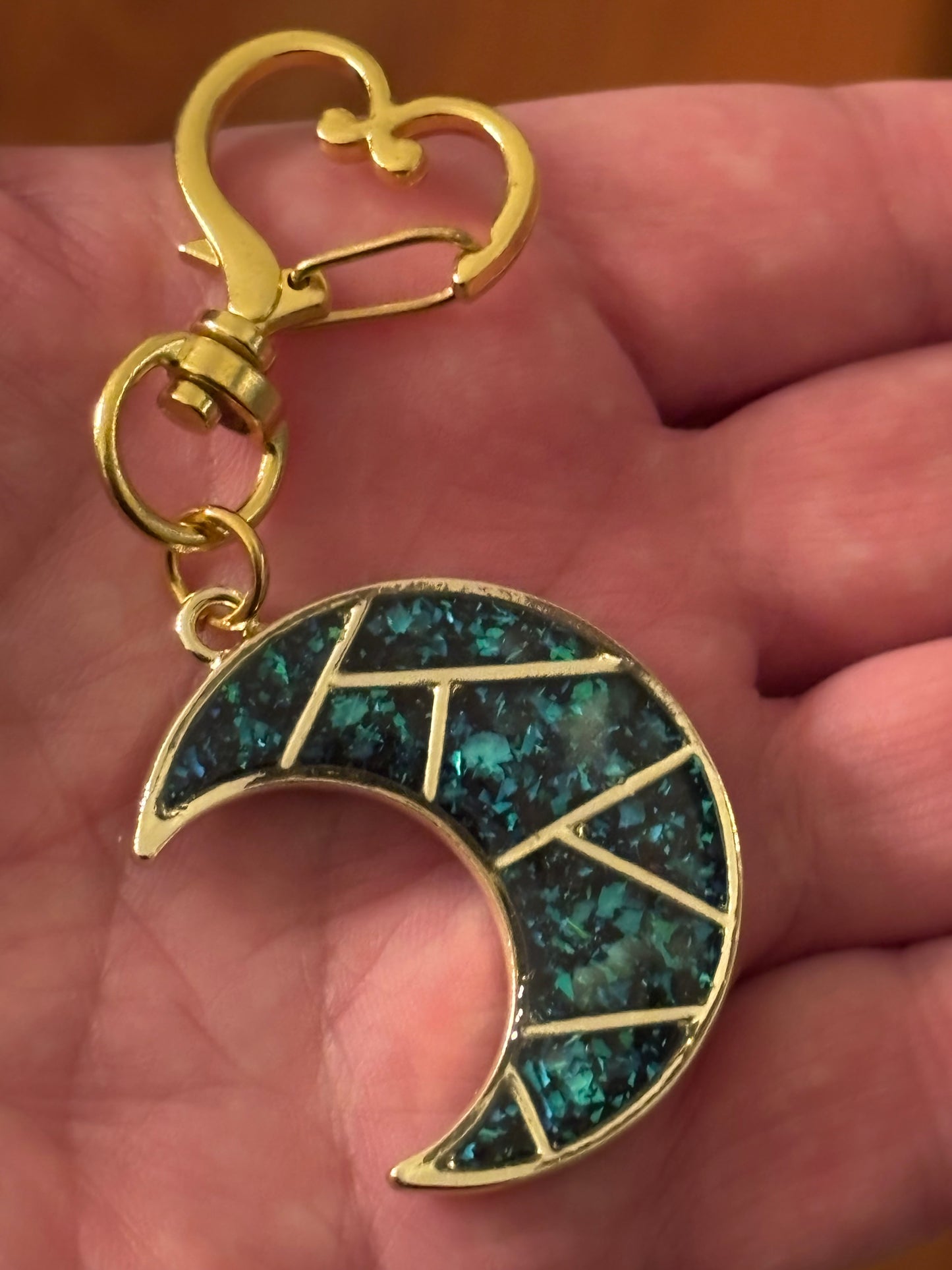 Celestial Crescent Moon Purse Charm – Teal & Gold Resin Bag Charm