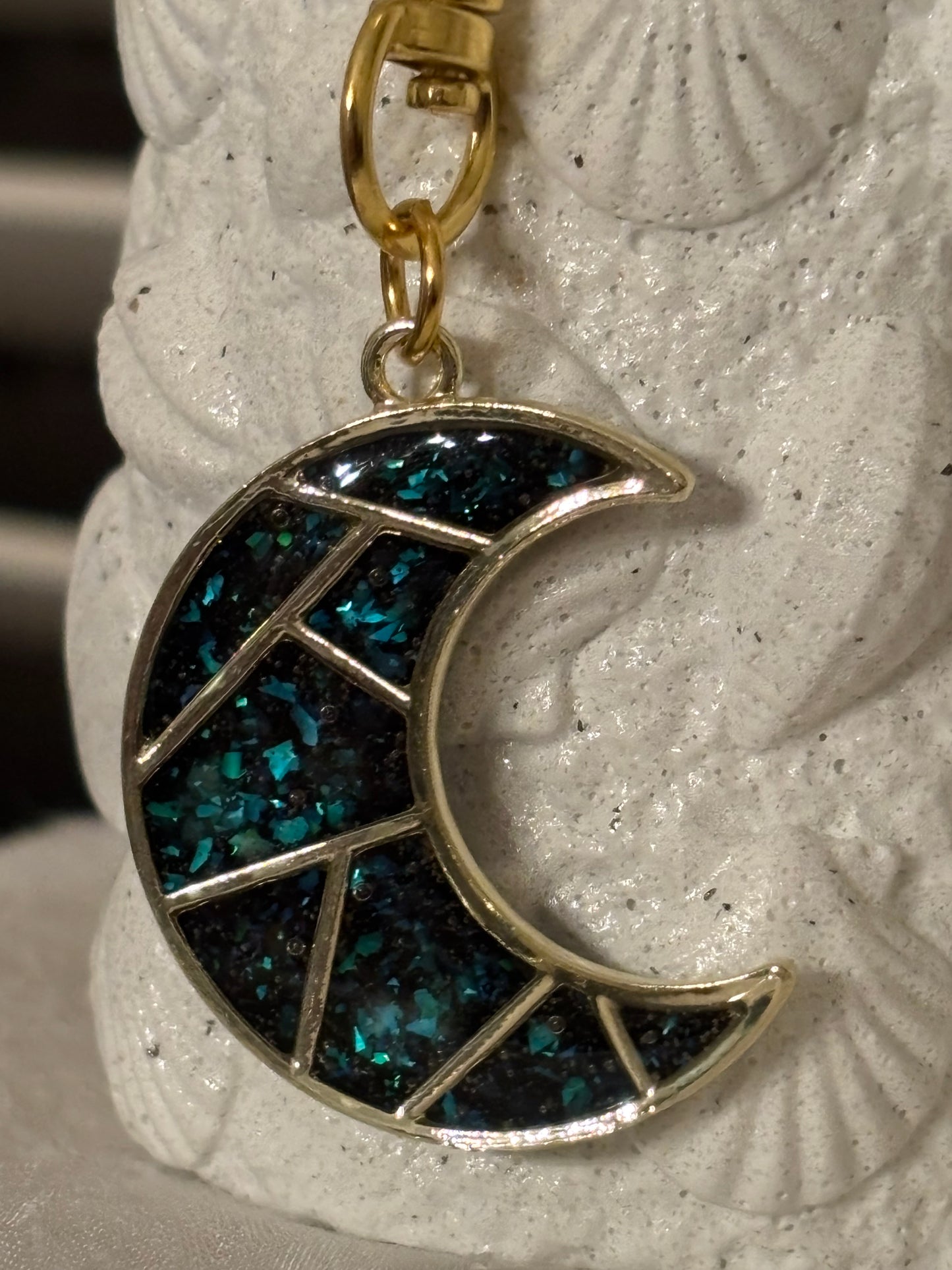 Celestial Crescent Moon Purse Charm – Teal & Gold Resin Bag Charm