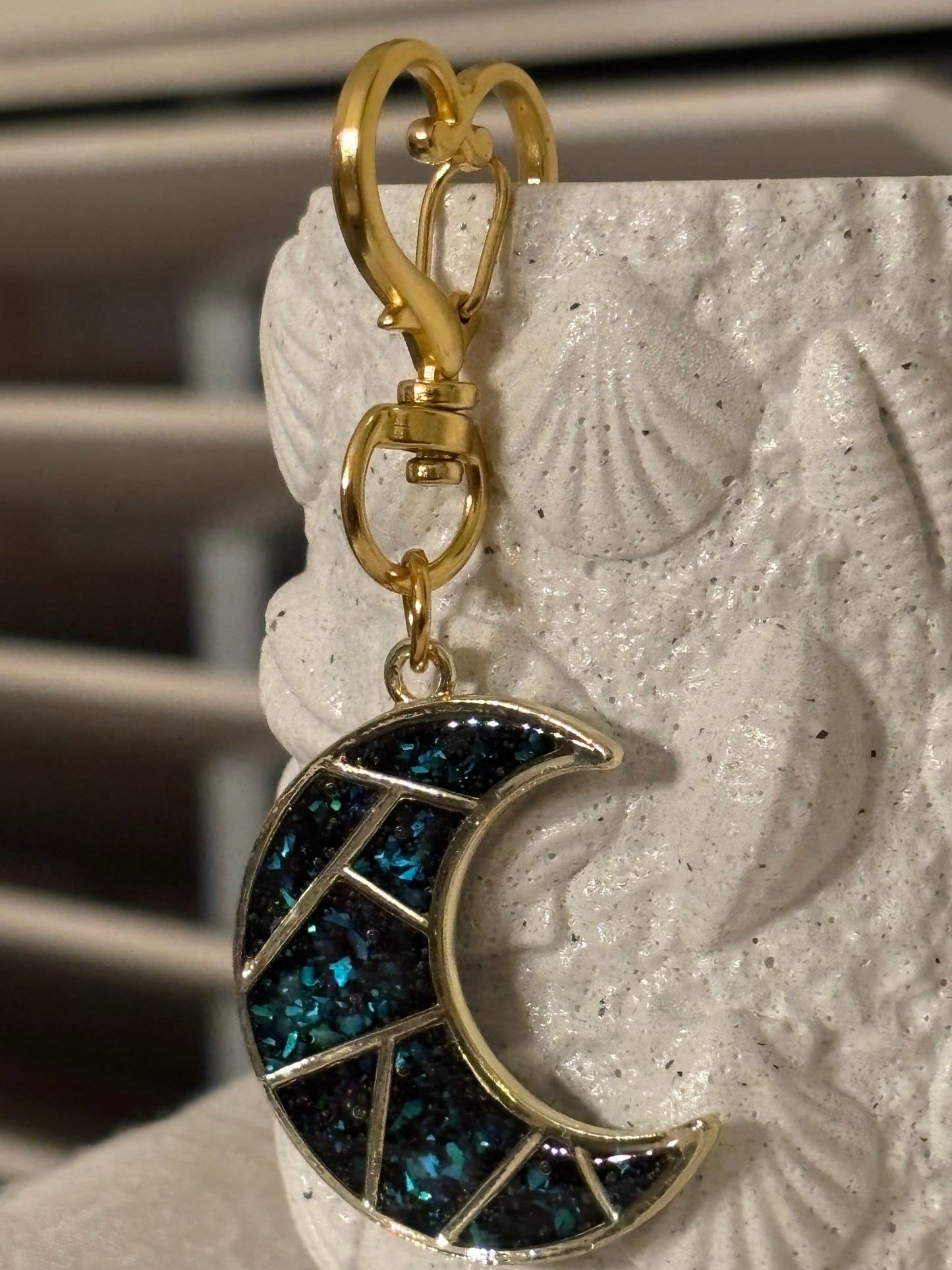 Celestial Crescent Moon Purse Charm – Teal & Gold Resin Bag Charm