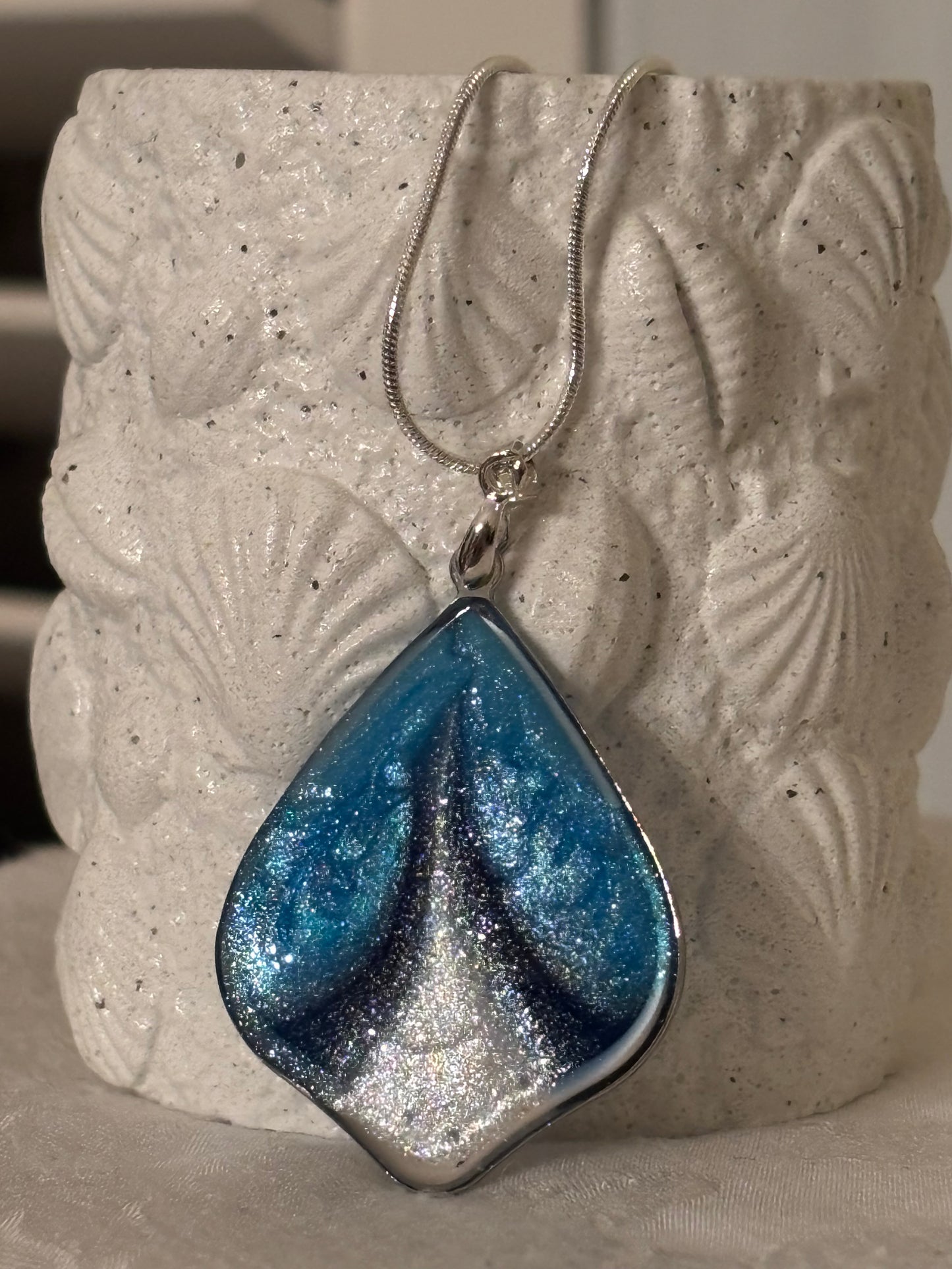 Ocean Wave Resin Pendant Necklace – Teal, Navy & Silver